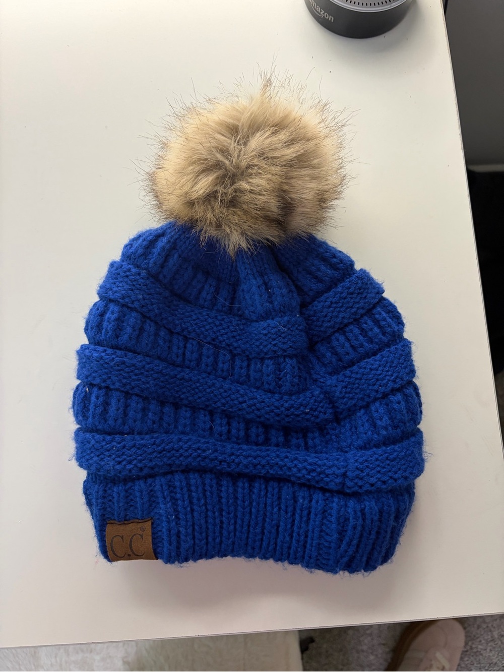 CC Boutique Royal Blue Knit Pom Beanie with Tan Faux Fur Pom